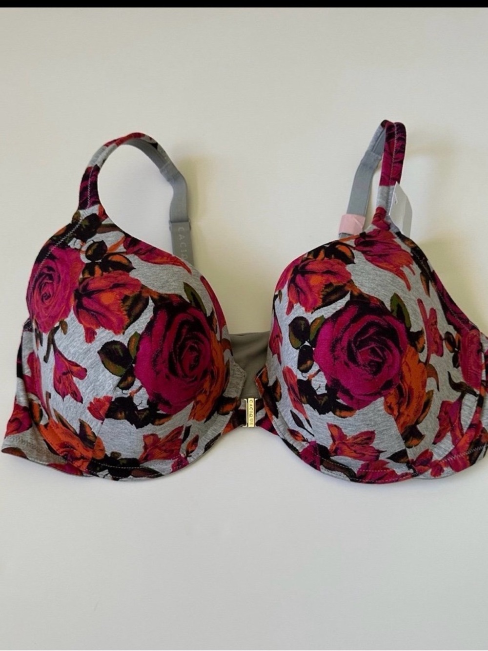 CACIQUE Lightly Lined T-Shirt Floral Bra |Grey Multi NWT~ 44D